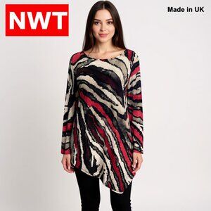 SALOOS UK 14 US M Tunic Top NWT Red Black Beige Zebra Print Asymmetrical Hem